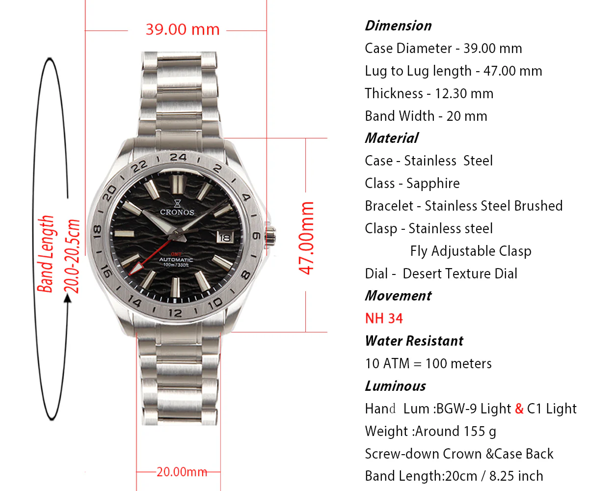 Cronos 39mm GS GMT NH34 Mechanical Men Watch L6029 - Image 8