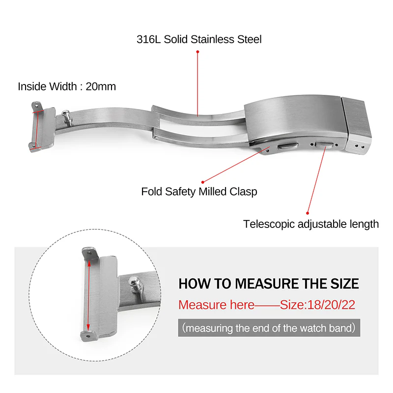 316L Stainless Steel 18mm 20mm 22mm Entendable Adjustable Folding Watch Buckle - Image 3