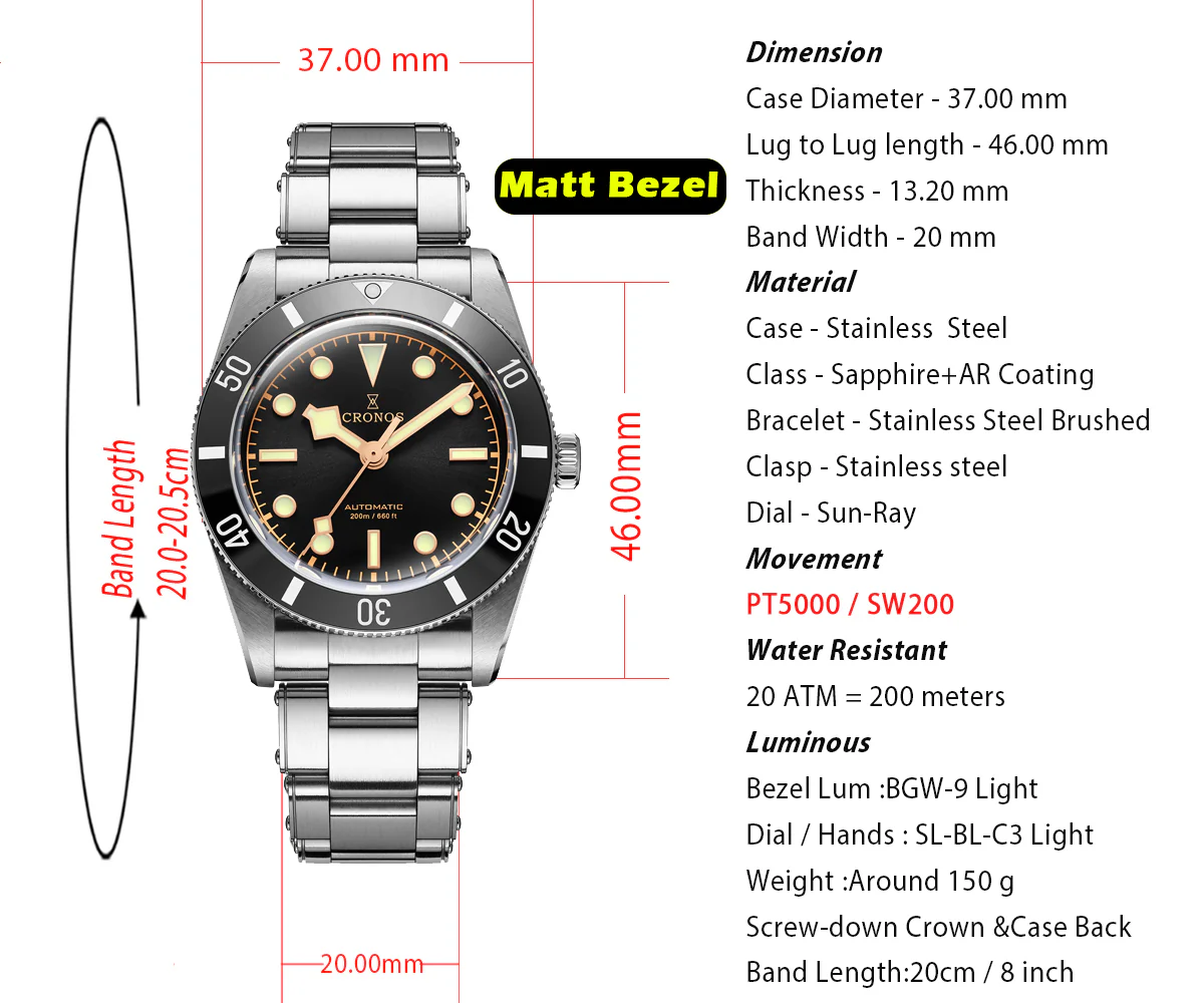 Cronos 37mm BB54 Vintage Diver Automatic Watches L6024 V3 - Image 6