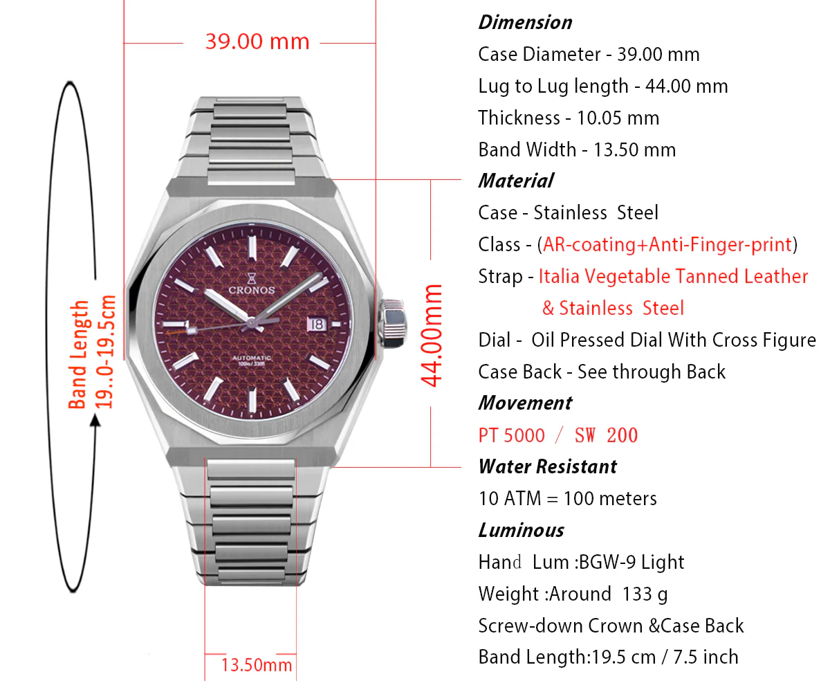 Cronos 39mm Hourglass Dial PT5000 Men Watch L6028 V2 - Image 7