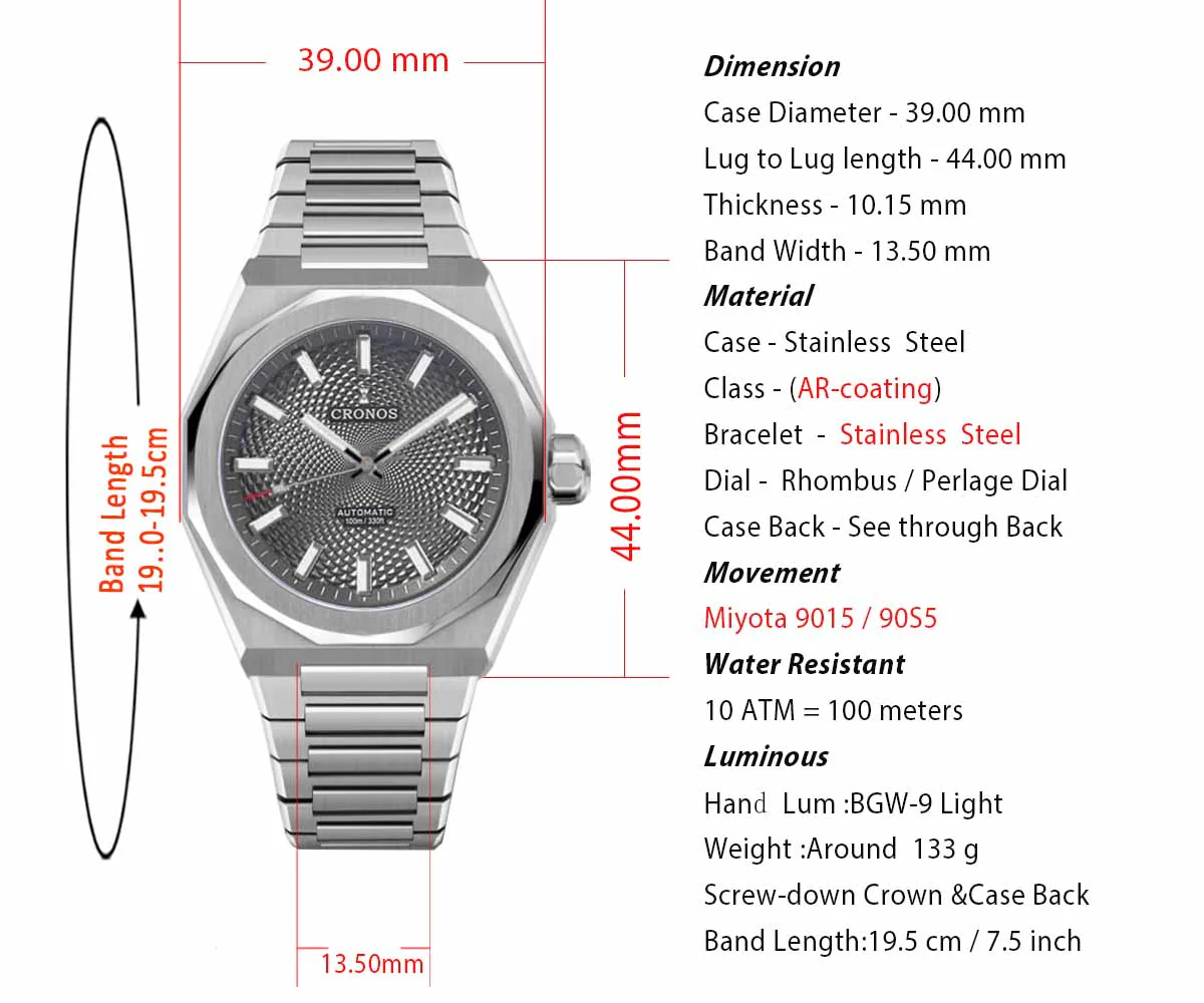 Cronos 39mm Miyota 9015/9s05 Men Watch L6038 - Image 18