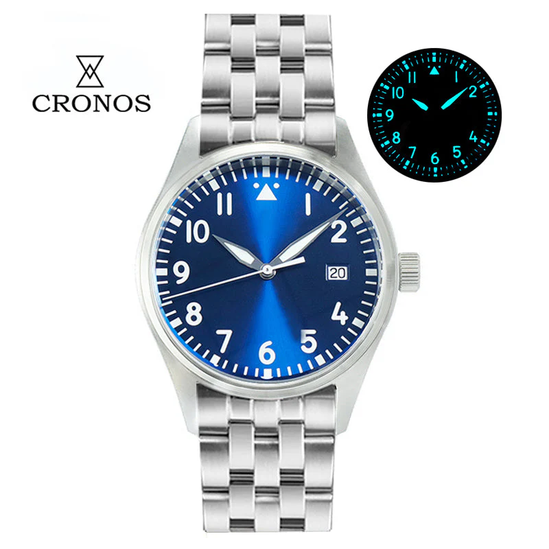 Cronos 39mm Vintage Pilot Mechanical Men Watch 5links Bracelet L6012 - Image 10