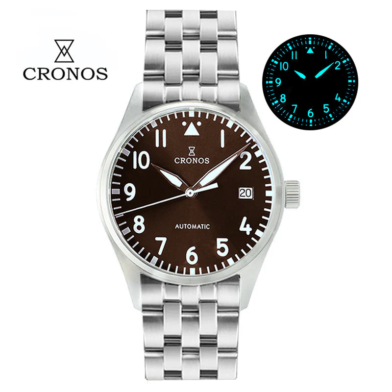 Cronos 39mm Vintage Pilot Mechanical Men Watch 5links Bracelet L6012 - Image 11