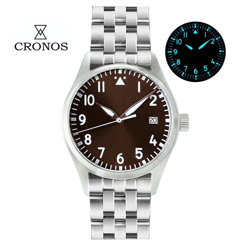 Cronos 39mm Vintage Pilot Mechanical Men Watch 5links Bracelet L6012 - Image 12