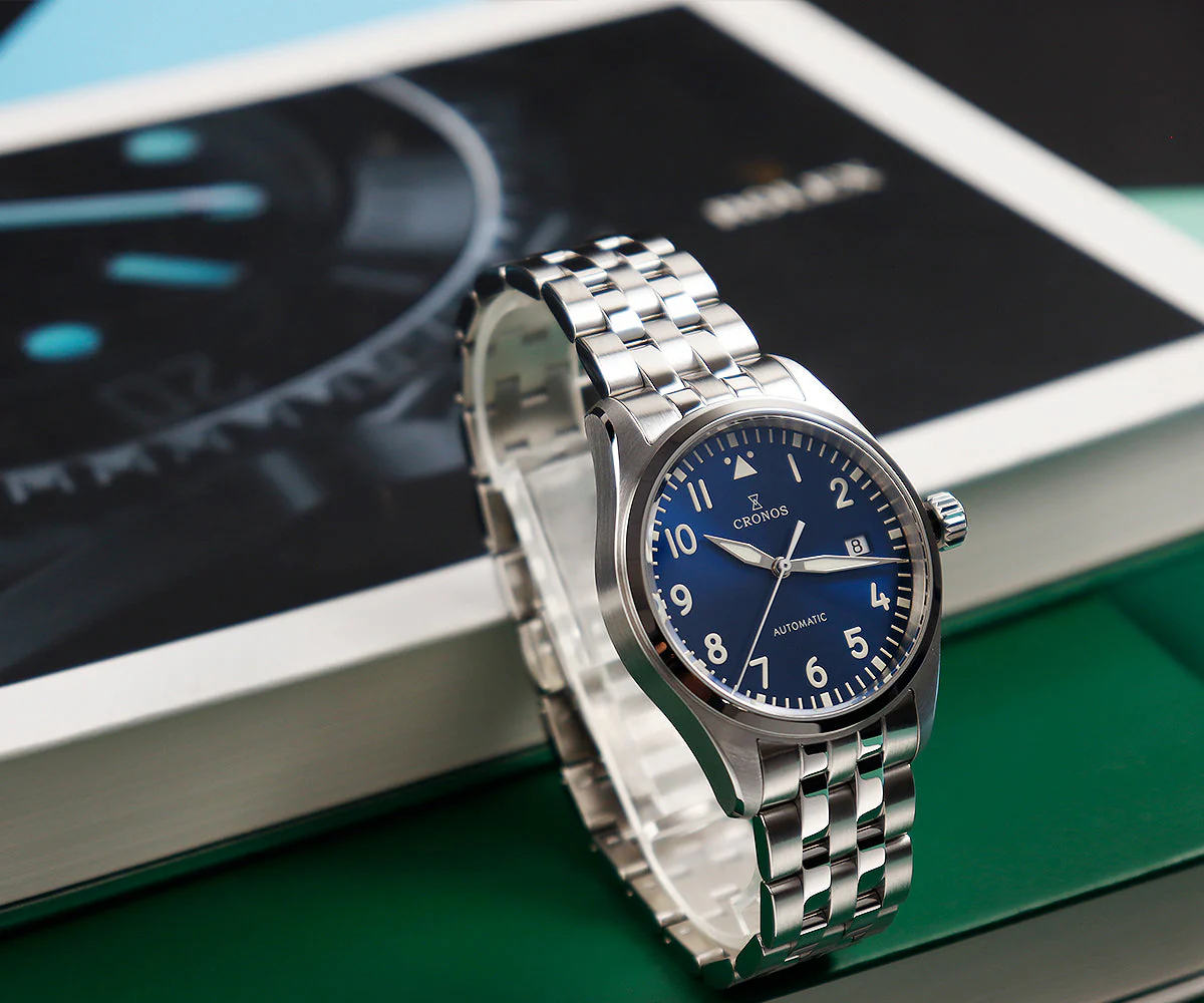 Cronos 39mm Vintage Pilot Mechanical Men Watch 5links Bracelet L6012 - Image 14