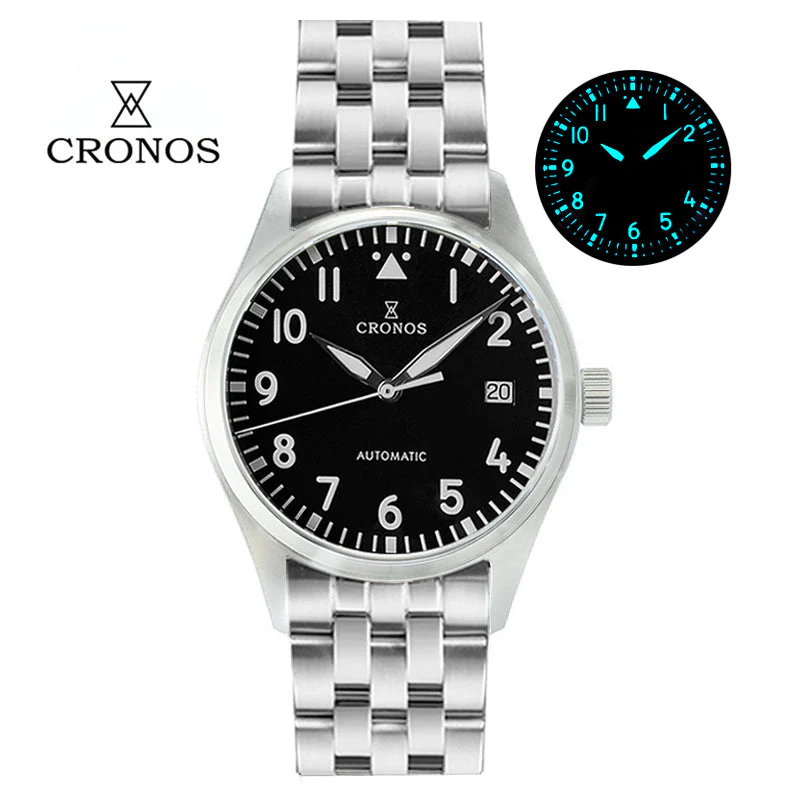 Cronos 39mm Vintage Pilot Mechanical Men Watch 5links Bracelet L6012 - Image 3