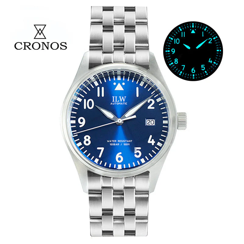 Cronos 39mm Vintage Pilot Mechanical Men Watch 5links Bracelet L6012 - Image 9