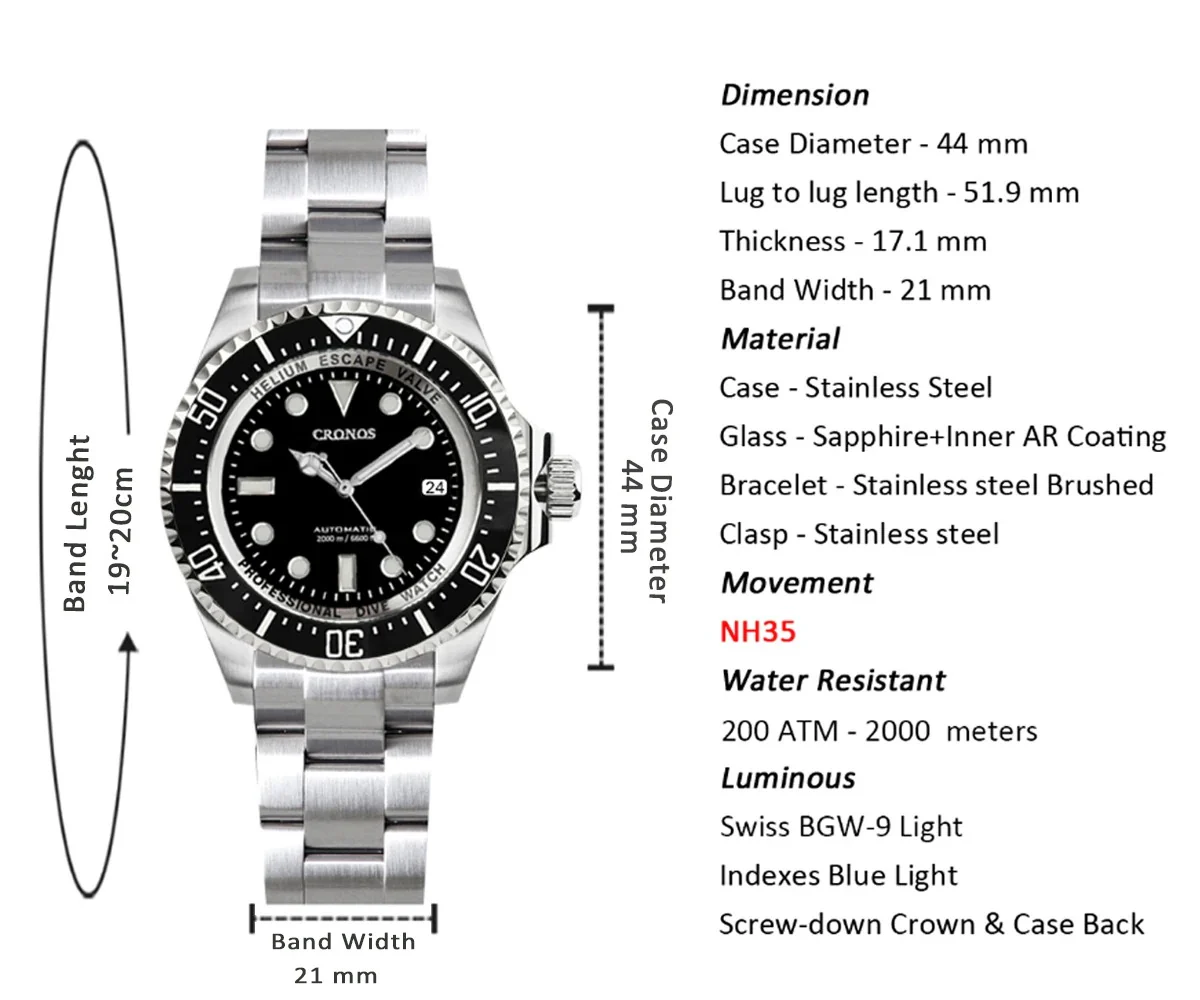 Cronos 44mm Sub Diver Watch L6009 - No Calendar - Image 6