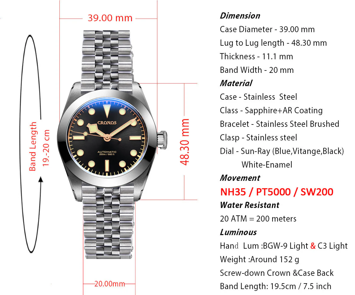 Cronos BB39 PT5000/SW200 Snowflake Automatic Watch L6026-Jubilee Bracelet - Image 12