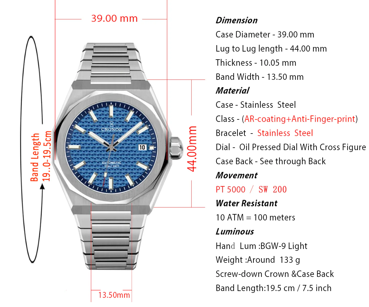 Cronos 39mm Skyline  PT5000 Automatic Men Watch L6028 - Image 4