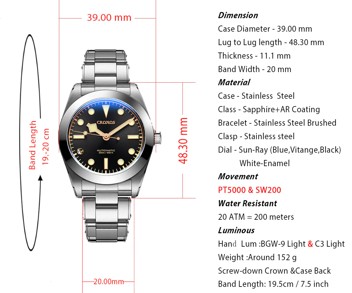 Cronos BB39 PT5000/SW200 Snowflake Automatic Watch L6026-Riveted bracelet - Image 6