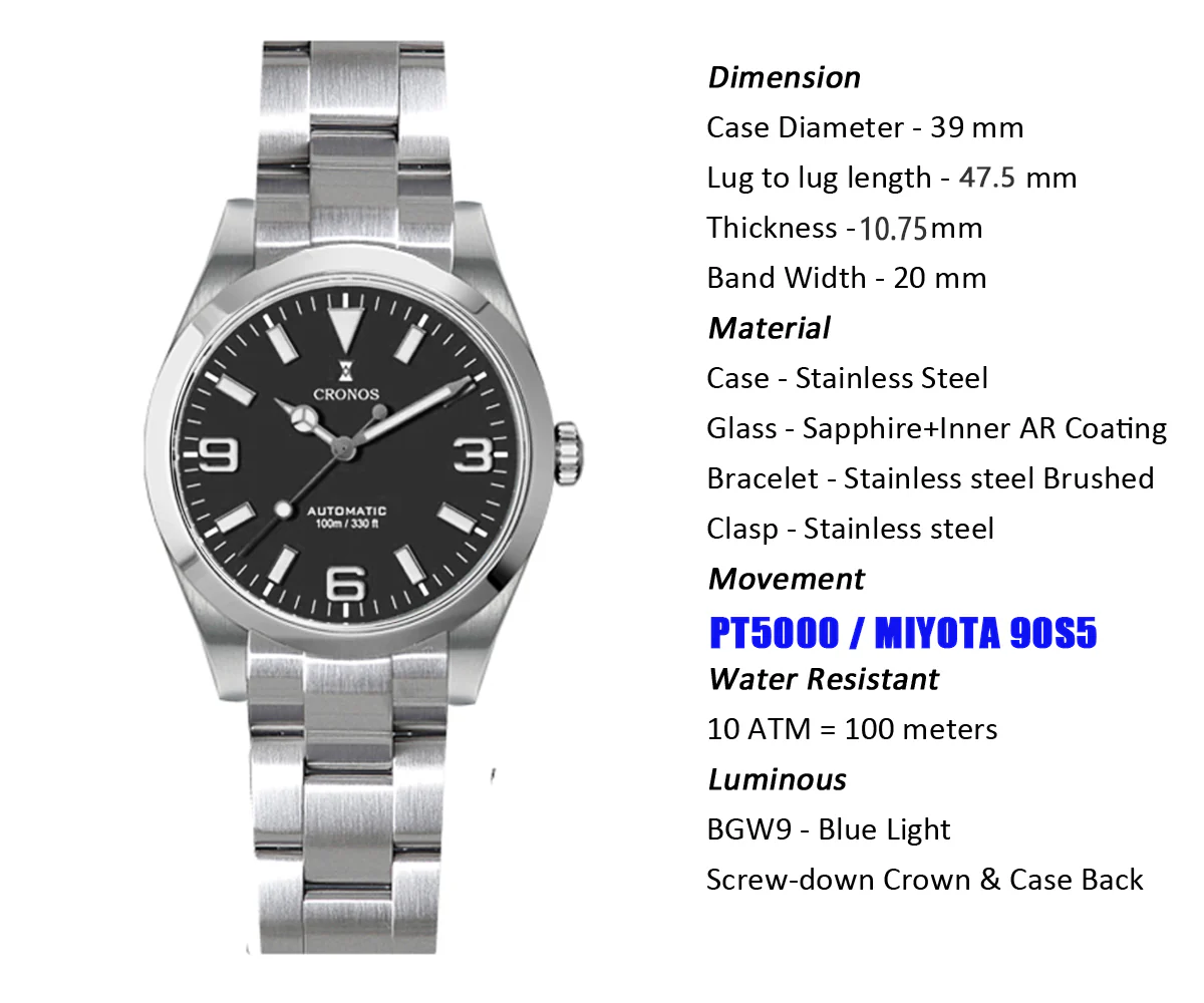 Cronos 39mm EX Miyota 90S5 / PT5000 Dive Watch L6041 - Image 9